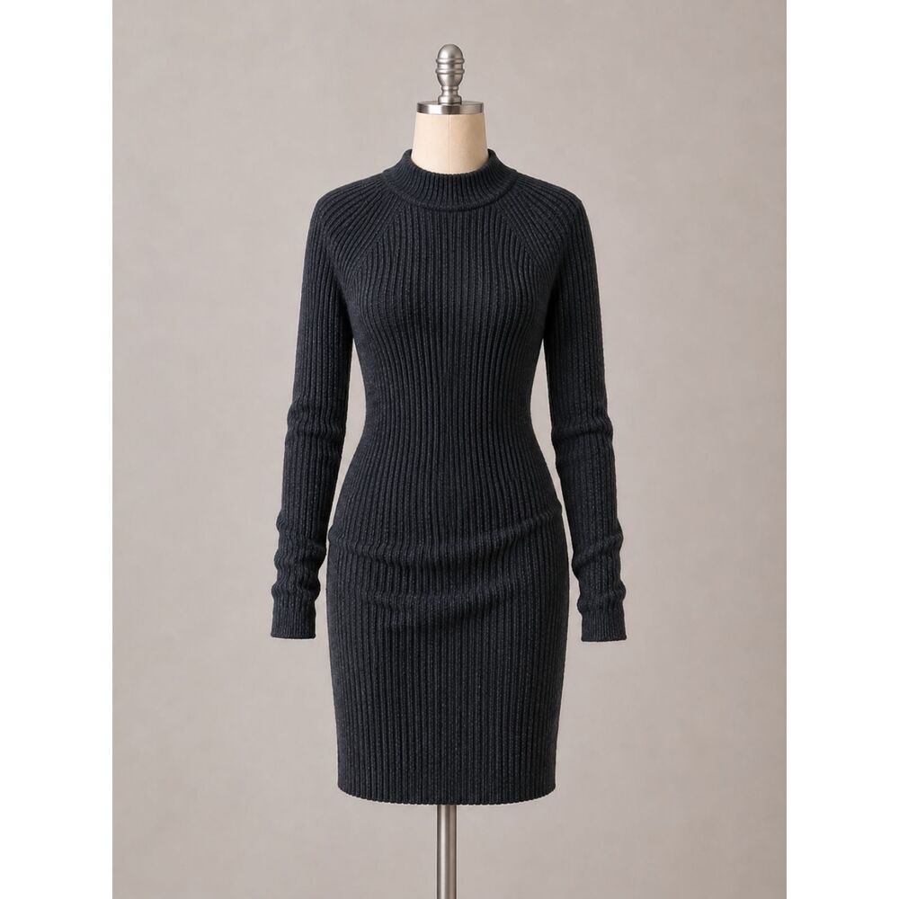 Emporio Armani Women's Large Charcoal Wool Blend Rib Knit Sweater Dress Chic
